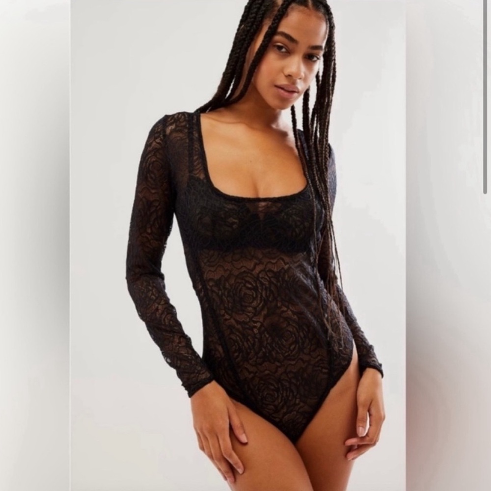 Free People In My Head Black Lace Long Sleeve Bodysuit